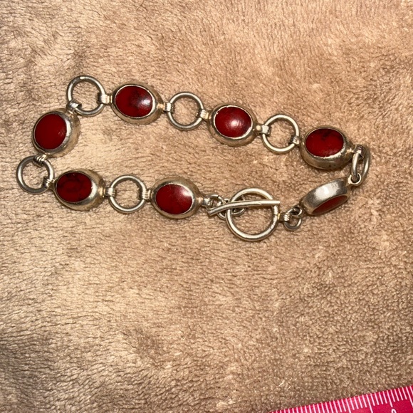 Vintage Taxco Mexican sterling silver red Jasper or coral bracelet - Picture 2 of 16